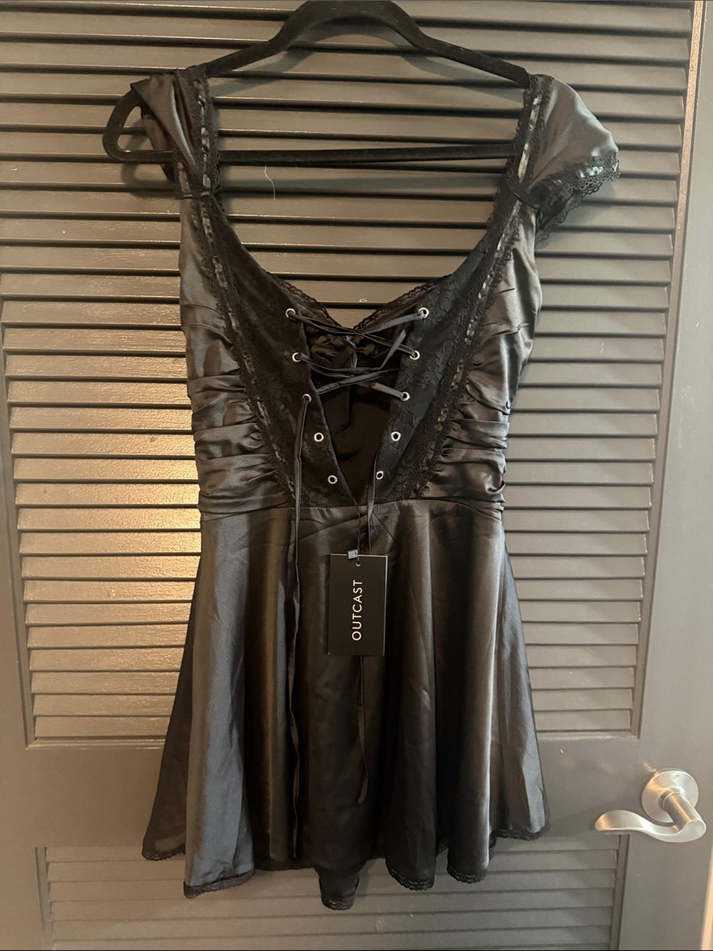 Black Satin Mini Dress with Lace Bodice - Picture 2 of 3